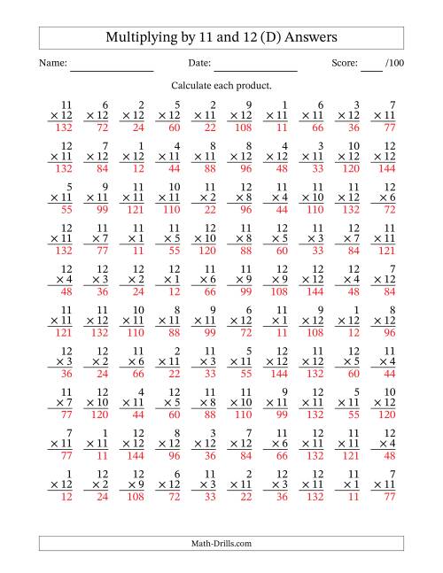 The Multiplying (1 to 12) by 11 and 12 (100 Questions) (D) Math Worksheet Page 2