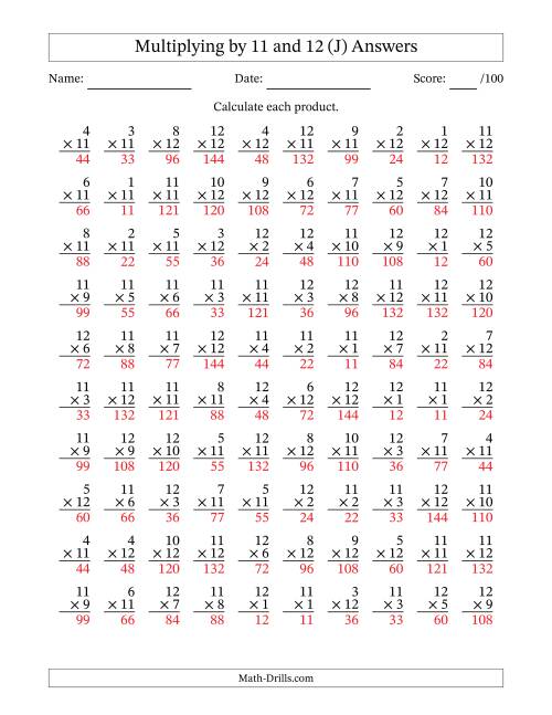 The Multiplying (1 to 12) by 11 and 12 (100 Questions) (J) Math Worksheet Page 2