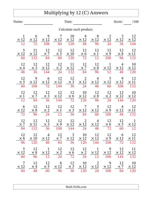 The Multiplying (1 to 12) by 12 (100 Questions) (C) Math Worksheet Page 2