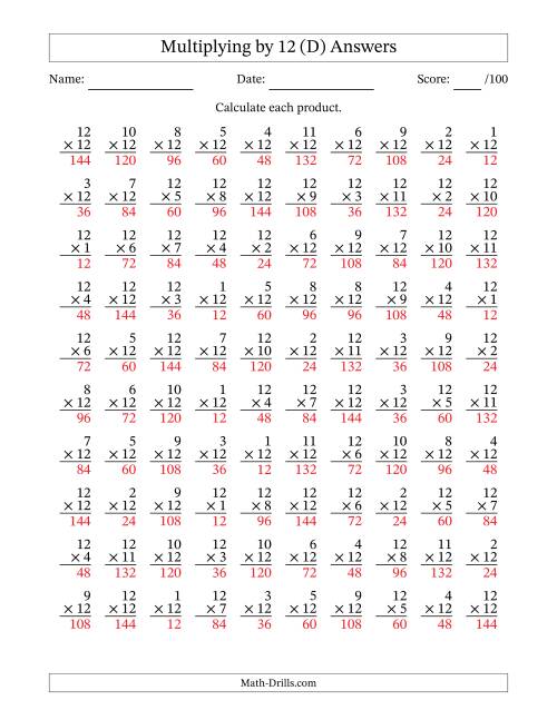 The Multiplying (1 to 12) by 12 (100 Questions) (D) Math Worksheet Page 2