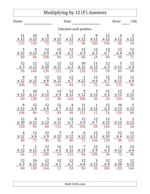 The Multiplying (1 to 12) by 12 (100 Questions) (F) Math Worksheet Page 2