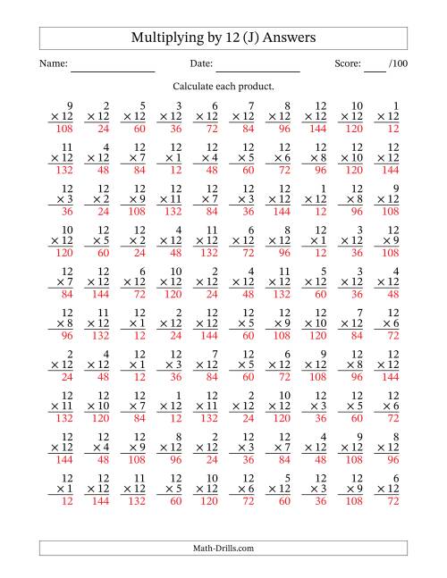 The Multiplying (1 to 12) by 12 (100 Questions) (J) Math Worksheet Page 2