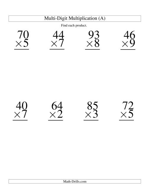 The Multiplying Two-Digit by One-Digit -- 8 per page (A) Math Worksheet