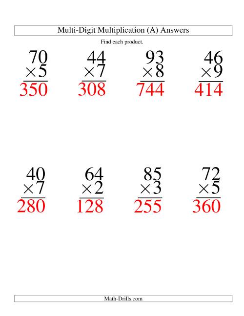 The Multiplying Two-Digit by One-Digit -- 8 per page (A) Math Worksheet Page 2