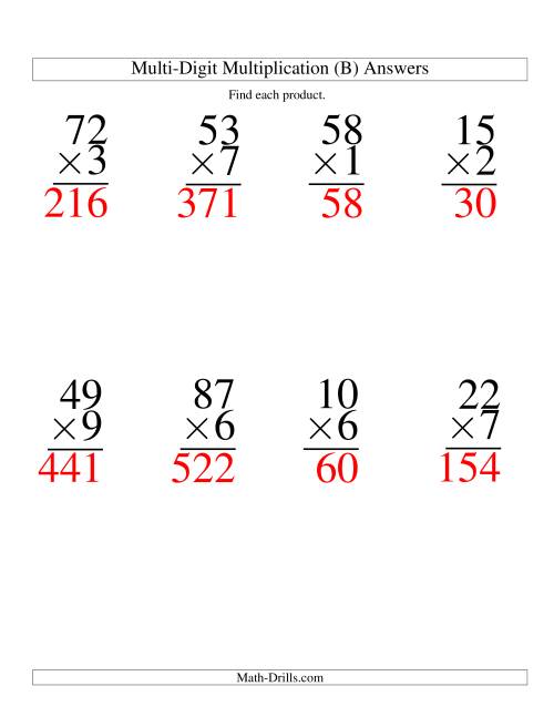 The Multiplying Two-Digit by One-Digit -- 8 per page (B) Math Worksheet Page 2