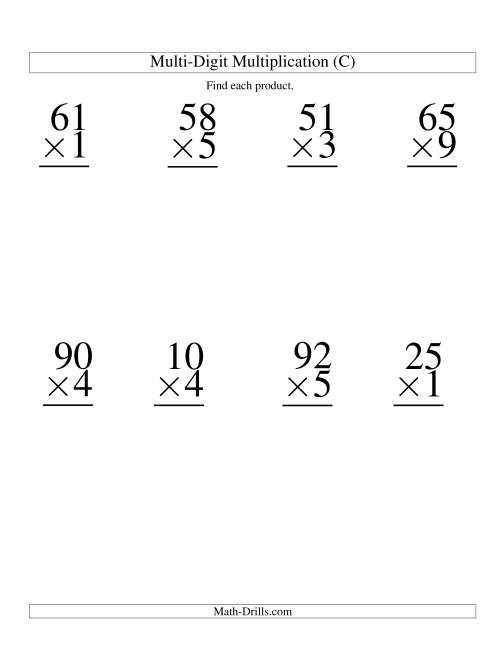 The Multiplying Two-Digit by One-Digit -- 8 per page (C) Math Worksheet