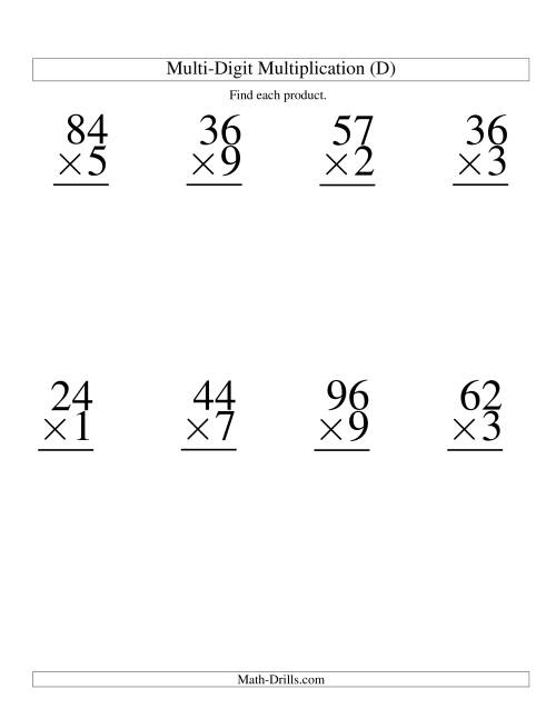 The Multiplying Two-Digit by One-Digit -- 8 per page (D) Math Worksheet