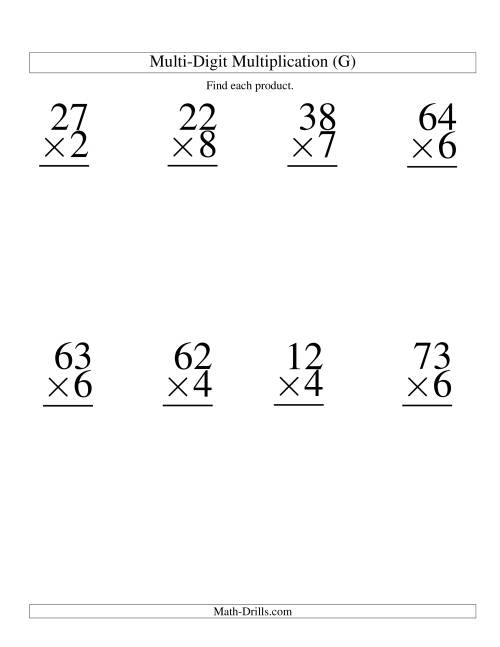 The Multiplying Two-Digit by One-Digit -- 8 per page (G) Math Worksheet