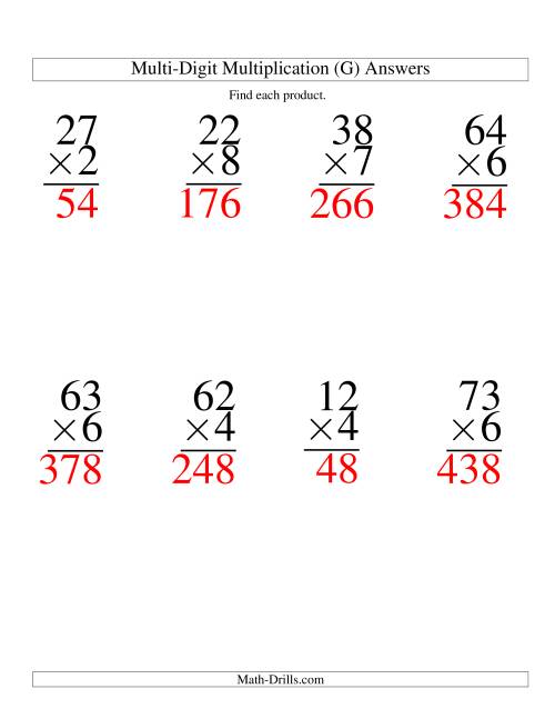 The Multiplying Two-Digit by One-Digit -- 8 per page (G) Math Worksheet Page 2