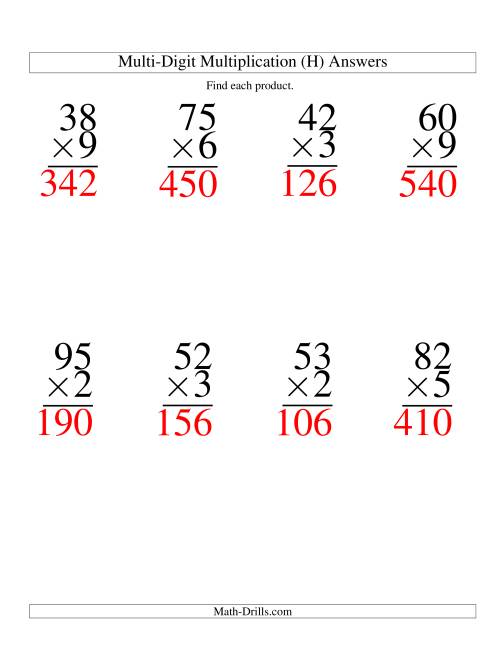 The Multiplying Two-Digit by One-Digit -- 8 per page (H) Math Worksheet Page 2