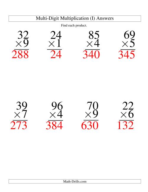 The Multiplying Two-Digit by One-Digit -- 8 per page (I) Math Worksheet Page 2