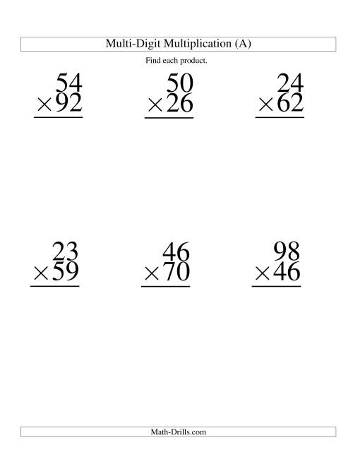 The Multiplying Two-Digit by Two-Digit -- 6 per page (A) Math Worksheet