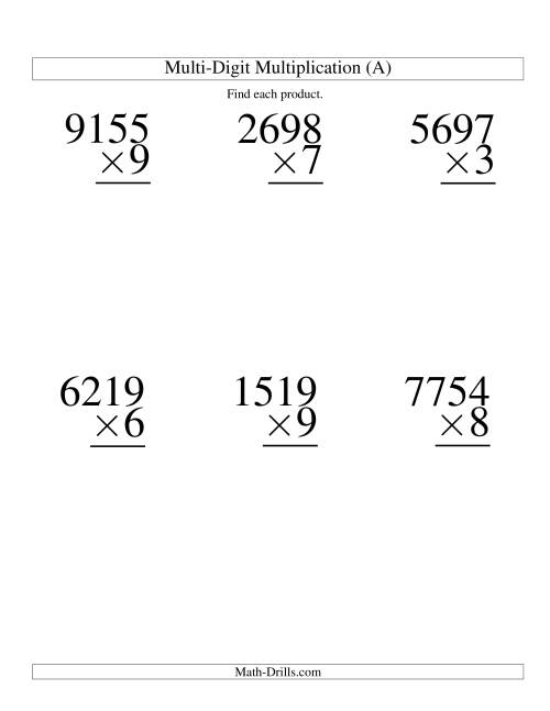 Multiplying Four-Digit by One-Digit -- 6 per page (A)
