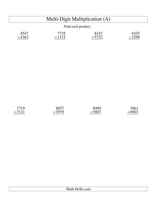 The Multiplying Four-Digit by Four-Digit -- 8 per page (A) Math Worksheet