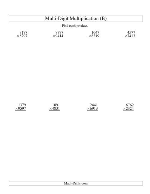 The Multiplying Four-Digit by Four-Digit -- 8 per page (B) Math Worksheet