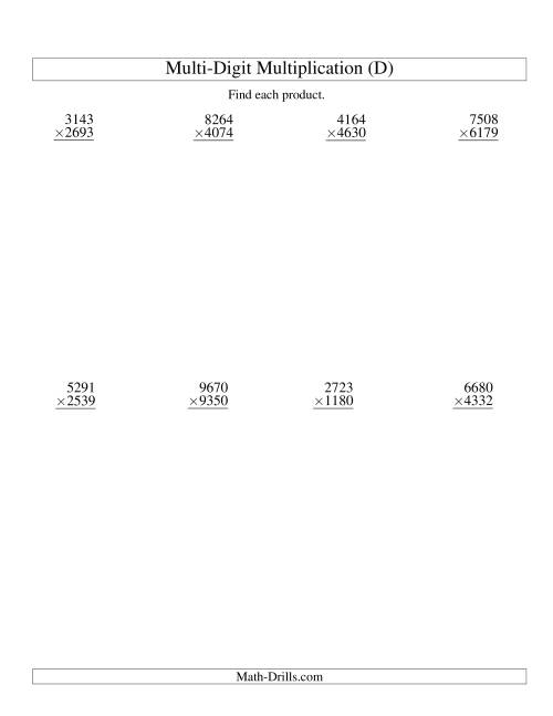 The Multiplying Four-Digit by Four-Digit -- 8 per page (D) Math Worksheet