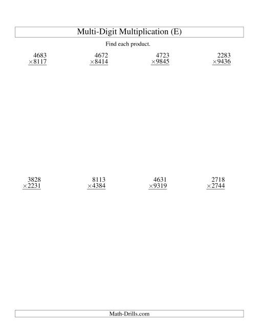 The Multiplying Four-Digit by Four-Digit -- 8 per page (E) Math Worksheet
