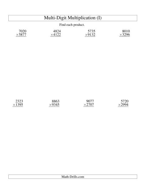 The Multiplying Four-Digit by Four-Digit -- 8 per page (I) Math Worksheet