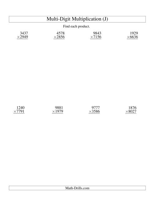 The Multiplying Four-Digit by Four-Digit -- 8 per page (J) Math Worksheet