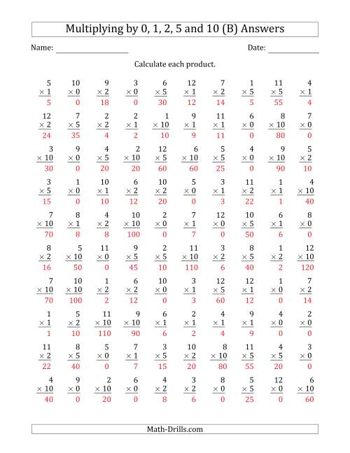 The Multiplying by Anchor Facts 0, 1, 2, 5 and 10 (Other Factor 1 to 12) (B) Math Worksheet Page 2