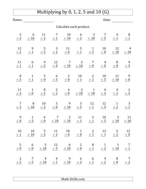 The Multiplying by Anchor Facts 0, 1, 2, 5 and 10 (Other Factor 1 to 12) (G) Math Worksheet