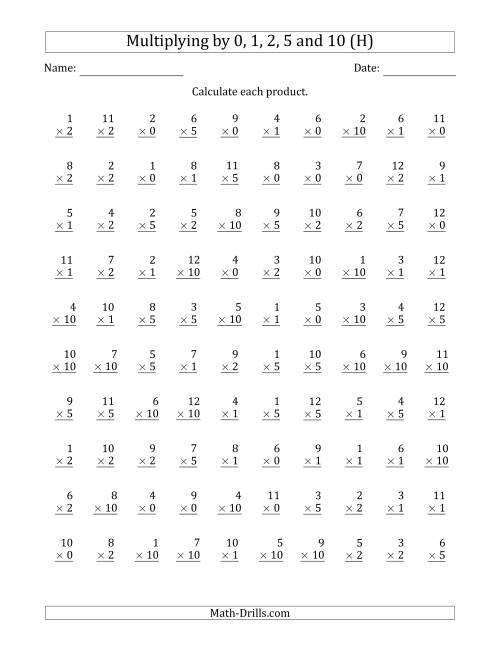 The Multiplying by Anchor Facts 0, 1, 2, 5 and 10 (Other Factor 1 to 12) (H) Math Worksheet