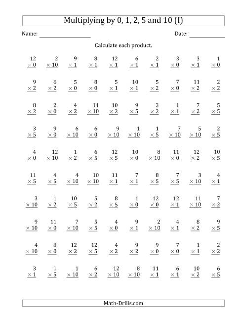 The Multiplying by Anchor Facts 0, 1, 2, 5 and 10 (Other Factor 1 to 12) (I) Math Worksheet
