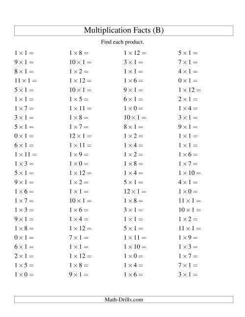 The 100 Horizontal Questions -- 1 by 0-12 (B) Math Worksheet