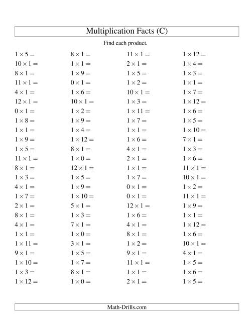 The 100 Horizontal Questions -- 1 by 0-12 (C) Math Worksheet