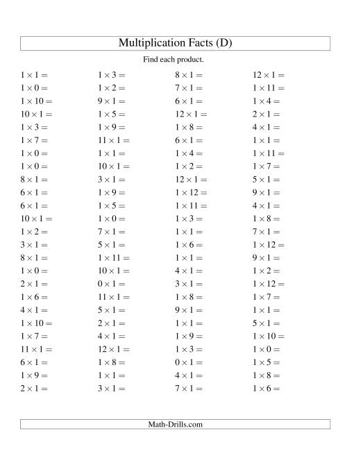 The 100 Horizontal Questions -- 1 by 0-12 (D) Math Worksheet