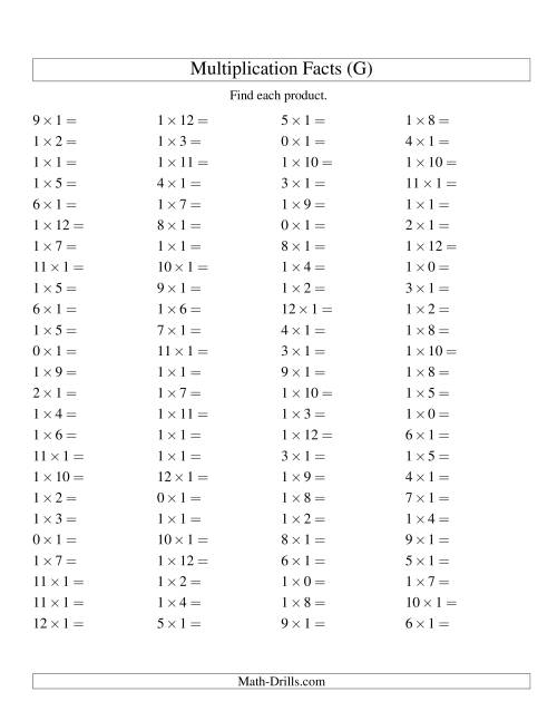 The 100 Horizontal Questions -- 1 by 0-12 (G) Math Worksheet