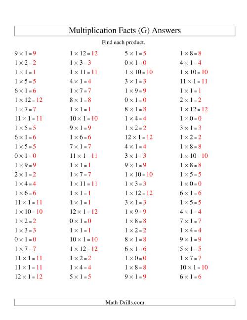 The 100 Horizontal Questions -- 1 by 0-12 (G) Math Worksheet Page 2