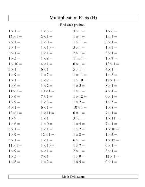 The 100 Horizontal Questions -- 1 by 0-12 (H) Math Worksheet