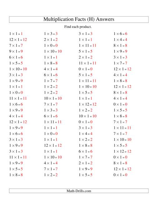 The 100 Horizontal Questions -- 1 by 0-12 (H) Math Worksheet Page 2
