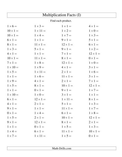 The 100 Horizontal Questions -- 1 by 0-12 (I) Math Worksheet