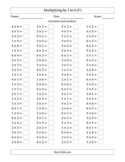 The Horizontally Arranged Multiplication Facts with Factors 1 to 6 and Products to 36 (100 Questions) (F) Math Worksheet