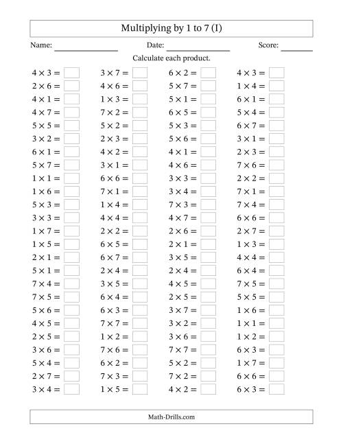 The Horizontally Arranged Multiplication Facts with Factors 1 to 7 and Products to 49 (100 Questions) (I) Math Worksheet