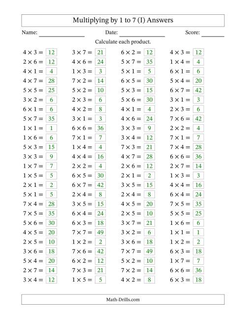 The Horizontally Arranged Multiplication Facts with Factors 1 to 7 and Products to 49 (100 Questions) (I) Math Worksheet Page 2