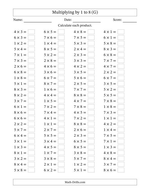 The Horizontally Arranged Multiplication Facts with Factors 1 to 8 and Products to 64 (100 Questions) (G) Math Worksheet