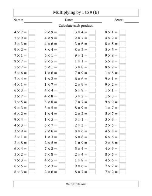 The Horizontally Arranged Multiplication Facts with Factors 1 to 9 and Products to 81 (100 Questions) (B) Math Worksheet