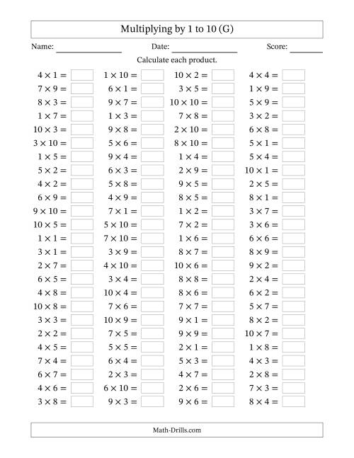 The Horizontally Arranged Multiplication Facts with Factors 1 to 10 and Products to 100 (100 Questions) (G) Math Worksheet