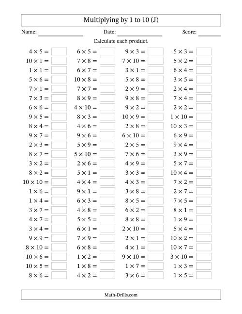 The Horizontally Arranged Multiplication Facts with Factors 1 to 10 and Products to 100 (100 Questions) (J) Math Worksheet