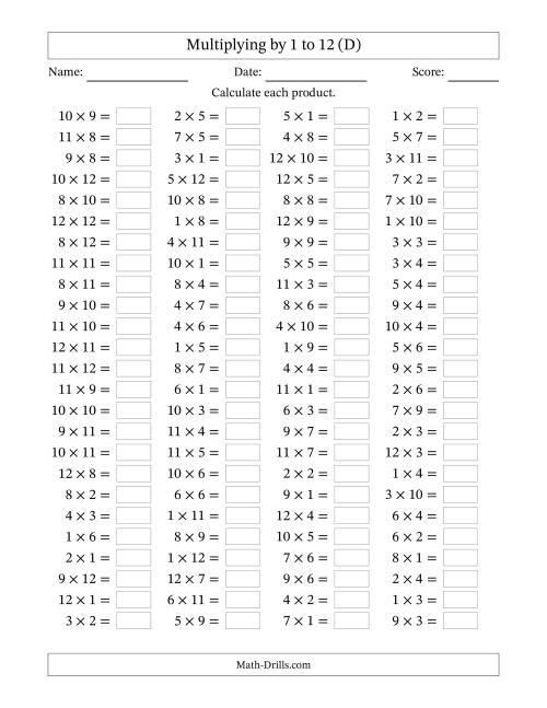 The Horizontally Arranged Multiplication Facts with Factors 1 to 12 and Products to 144 (100 Questions) (D) Math Worksheet