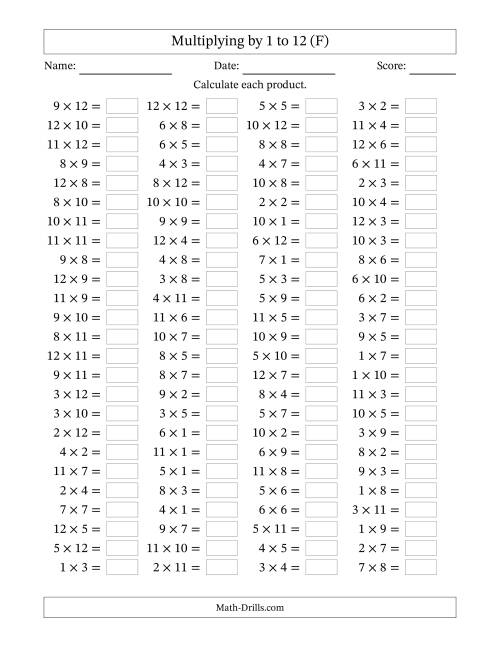 The Horizontally Arranged Multiplication Facts with Factors 1 to 12 and Products to 144 (100 Questions) (F) Math Worksheet