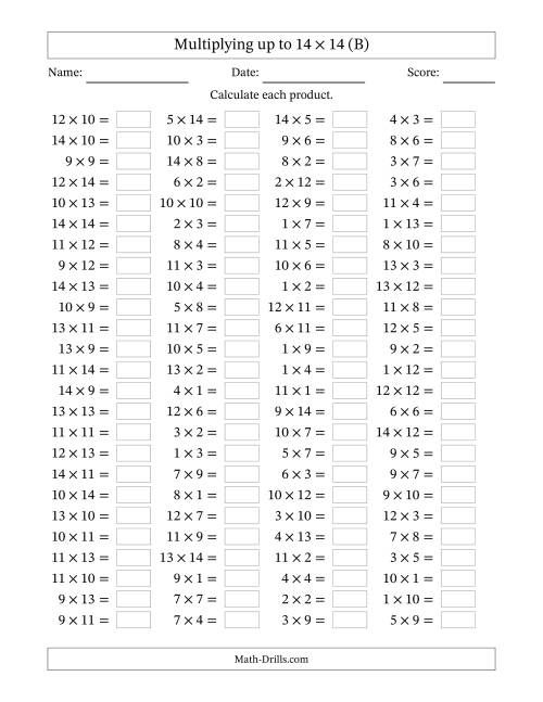 The Horizontally Arranged Multiplying up to 14 × 14 (100 Questions) (B) Math Worksheet