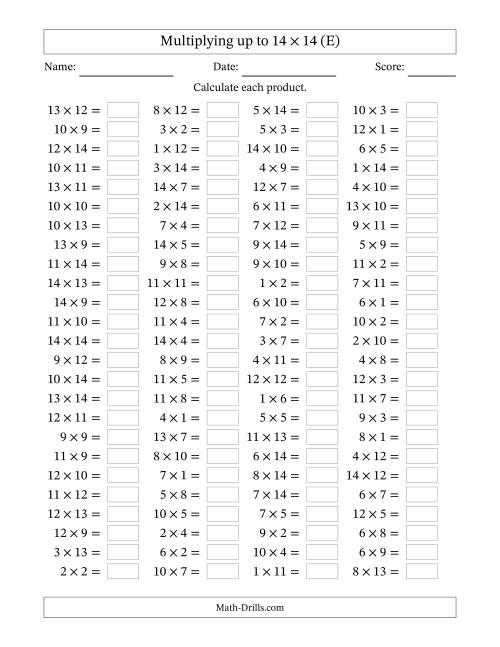 The Horizontally Arranged Multiplying up to 14 × 14 (100 Questions) (E) Math Worksheet