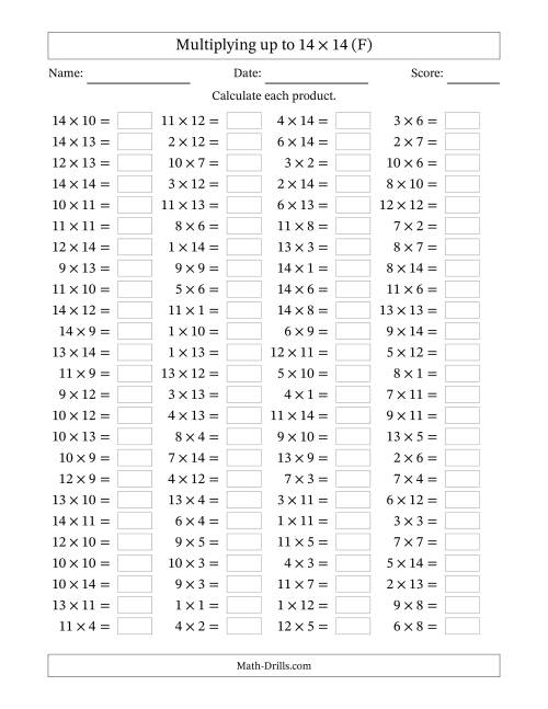 The Horizontally Arranged Multiplying up to 14 × 14 (100 Questions) (F) Math Worksheet