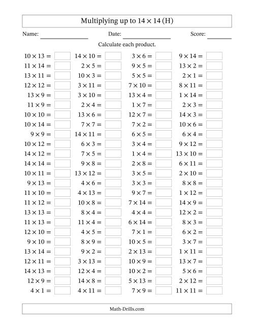 The Horizontally Arranged Multiplying up to 14 × 14 (100 Questions) (H) Math Worksheet