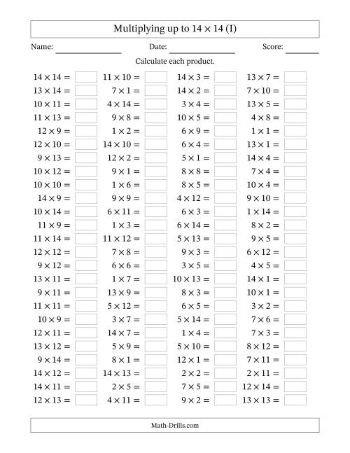 The Horizontally Arranged Multiplying up to 14 × 14 (100 Questions) (I) Math Worksheet