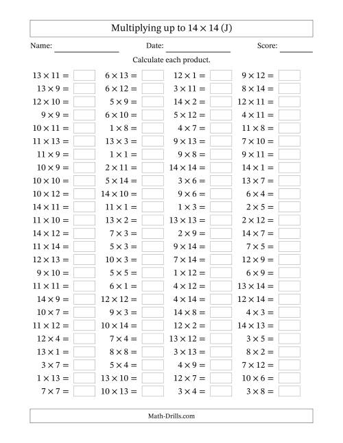 The Horizontally Arranged Multiplying up to 14 × 14 (100 Questions) (J) Math Worksheet